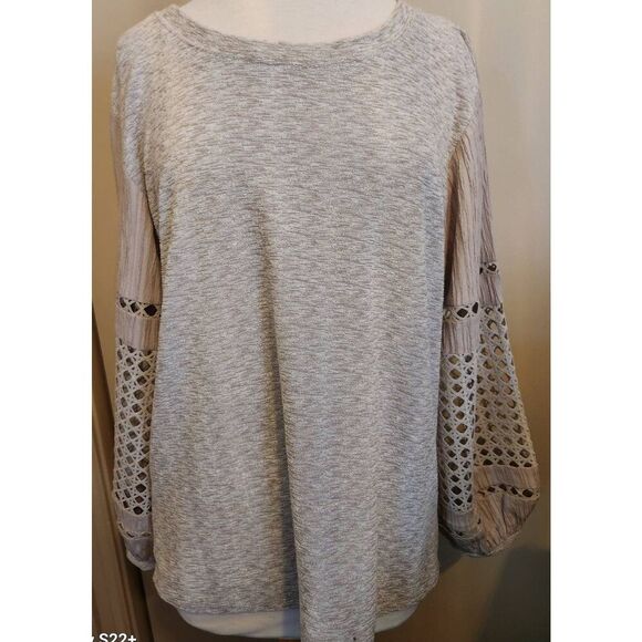 T83 See And Be Seen lightweight crocheted long-sleeve top heather taupe Sz L - Picture 1 of 11